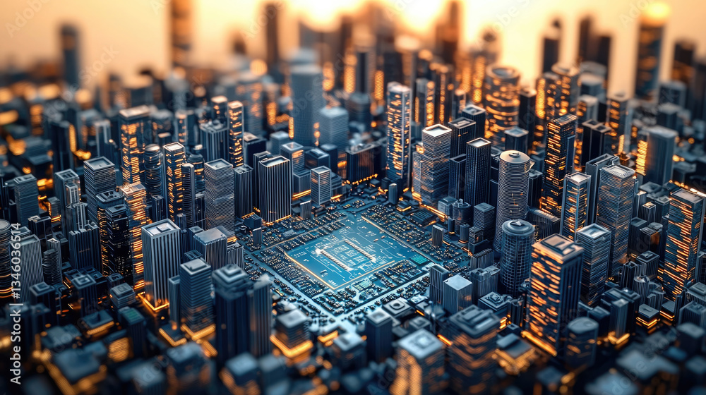 Aufkleber futuristic cityscape featuring computer chip at its center, surrounded by towering skyscrapers and glowing lights, evokes sense of advanced technology and innovation
