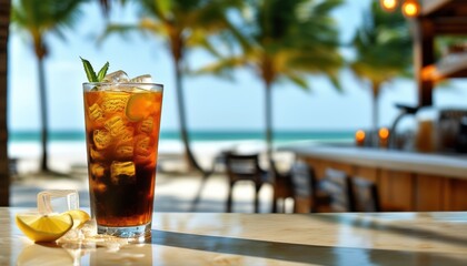 Refreshing black iced tea in tall glass with lemon and ice on tropical beach bar with copy space