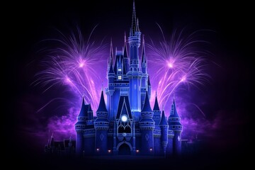 Fototapeta premium A firework display lighting up the sky above a magical amusement park castle