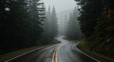 Fototapeta premium Mysterious Winding Road Through Foggy Forest on a Rainy Day