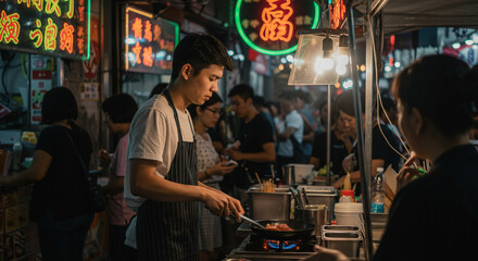 Fototapeta premium young man cooking street food