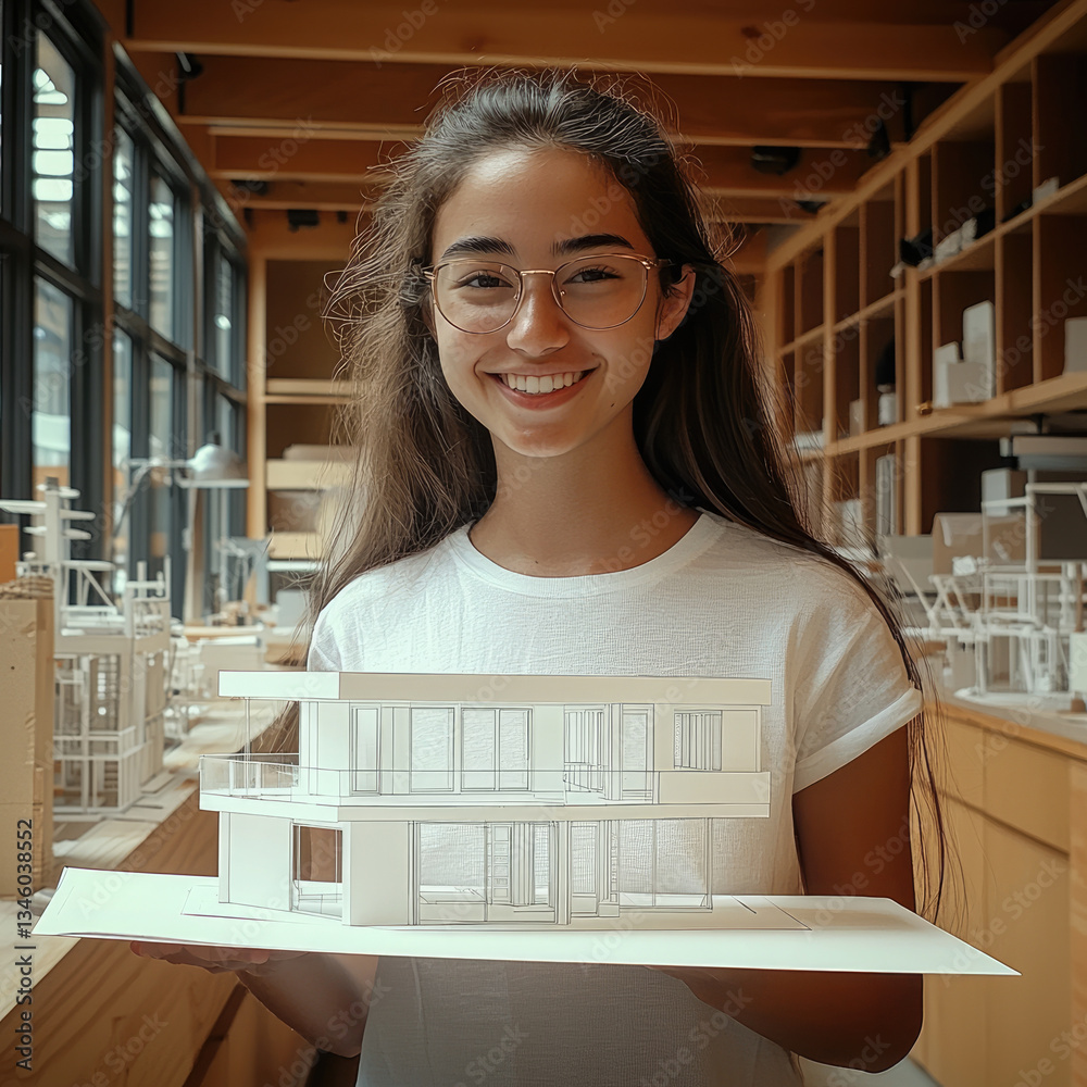 Poster young girl is smiling while holding detailed architectural model in well lit studio filled with desi