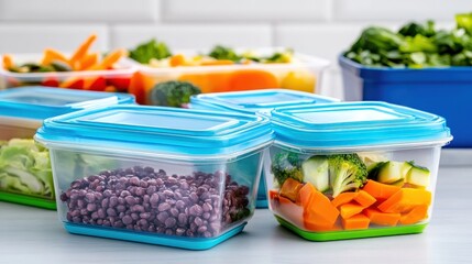 Colorful containers filled with fresh vegetables and beans, promoting healthy meal prep and organization in the kitchen.