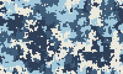 Abstract digital camouflage pattern in cool blue and white tones. Ideal for backgrounds, textiles, or militarythemed designs.