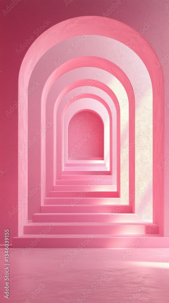 Poster soft pastel hues envelop a series of gracefully arched openings and steps, creating a dreamlike corr