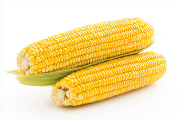 Golden Corn Duo: Two ears of freshly harvested corn sit, showcasing the vibrant yellow kernels, offering a taste of nature's sweetness.