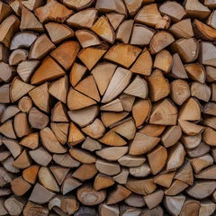 Selbstklebende Fototapeten Firewood process efficiency. Stacked wood logs arranged in a circular pattern, showcasing natural textures and colors. © Pricha