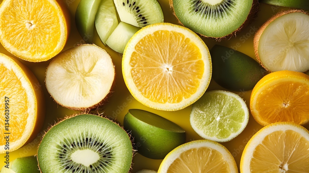 Aufkleber Sliced citrus fruits and kiwis creating vibrant and refreshing pattern