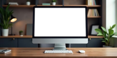 Blank desktop screen on wooden desk; blurred creative office background, modern, desktop, design