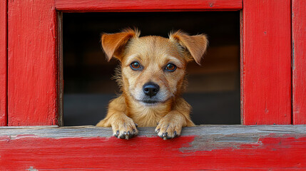 Charming Puppy Peeking through Red Window Frame - Captivating Portrait of a Curious Canine for Greeting Cards, Pet Adoption Announcements