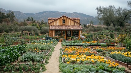 A wooden house sits surrounded by diverse garden beds and mountains