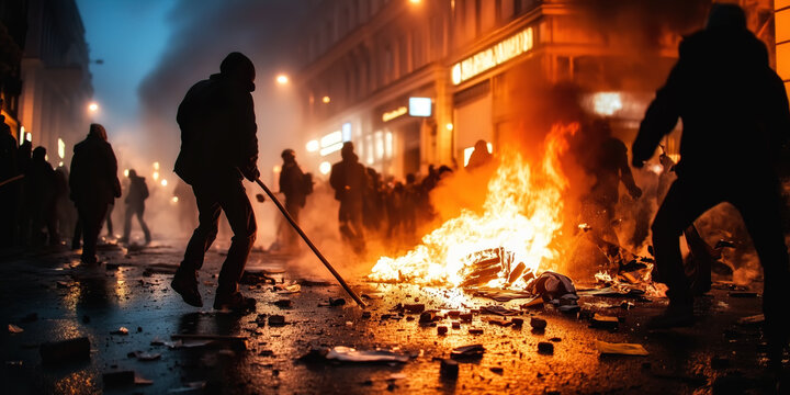 Urban riot scene with masked protesters setting fires and clashing in the streets at night. Flames, smoke, tense civil unrest situation. Political protests, violent demonstrations, social instability