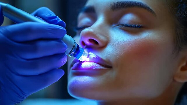 Advanced Skincare Treatment Close-up of Hydrafacial on Woman's Lips, Glowing Results