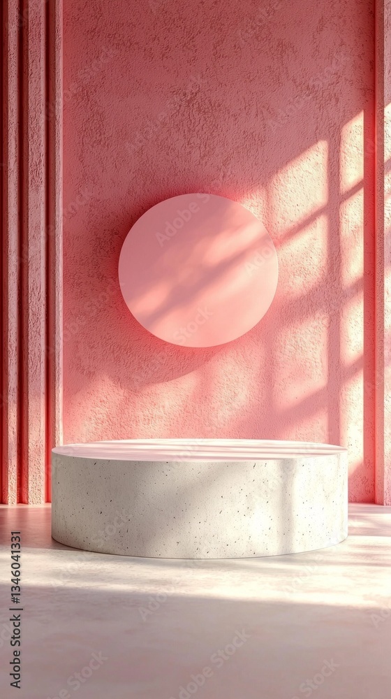 Poster soft sunlight filters through a window, casting gentle shadows on a smooth, rounded podium. a large 
