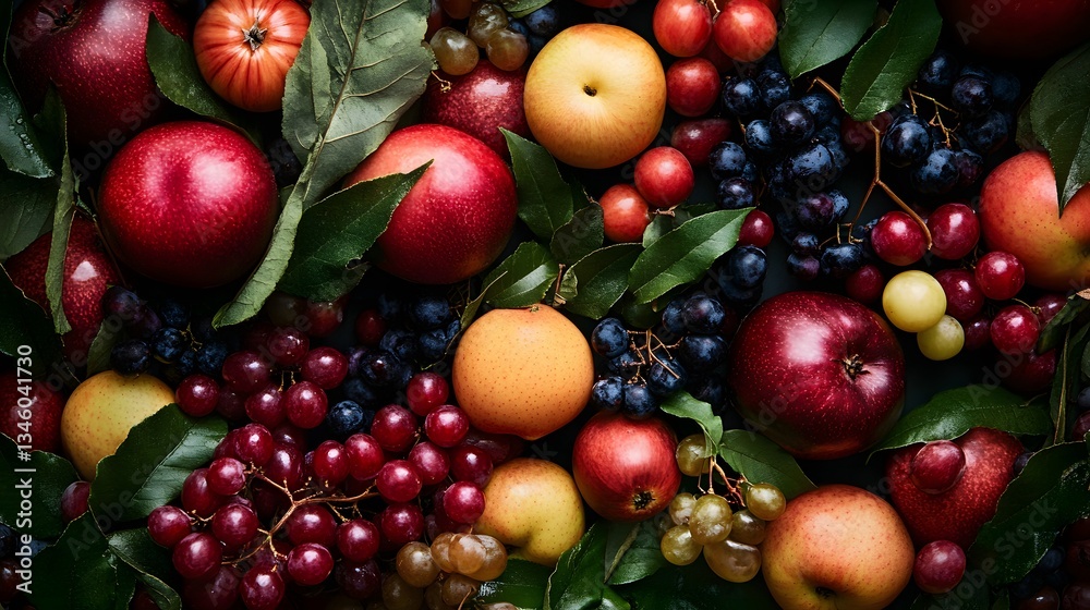 Poster Freshly picked apples and grapes creating a vibrant autumnal display