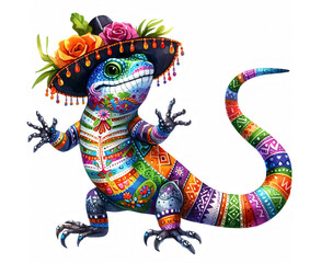Fototapeta premium A Lively and Expressive Día de los Muertos Lizard with Festive Painted Decorations, Marigold Accessories, and Folk Motifs