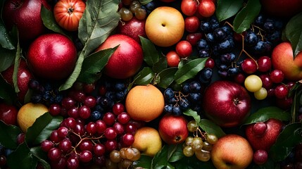 Freshly picked apples and grapes creating a vibrant autumnal display
