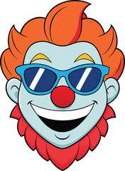 Clown, complete with vibrant orange hair, a prominent red nose, and cool blue sunglasses Logo Mascot icon