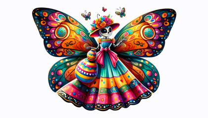 A Majestic Digital Illustration of a Monarca Butterfly in a Traditional Day of the Dead Costume, Featuring Vivid Colors and Folk Art