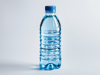 Naklejka premium Refreshing Hydration: A close-up shot of a transparent plastic bottle, filled with crystal-clear water and a blue cap, stands as a symbol of hydration and health.