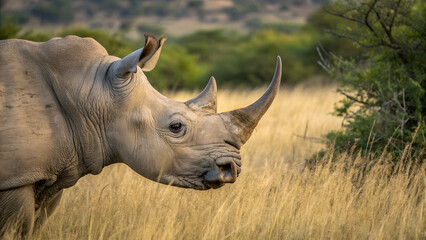 Obraz premium A rhinoceros is seen standing in tall grass with greenery in the background
