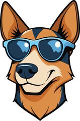 Naklejka premium Dog sporting blue sunglasses smiles confidently Logo, Mascot, icon
