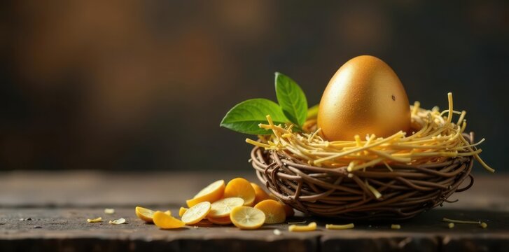 Golden nest egg banner on rustic wood Investment growth concept , banner, money