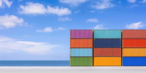 Obraz premium Colorful Shipping Containers by the Ocean Under a Blue Sky Global Trade Transportation Image