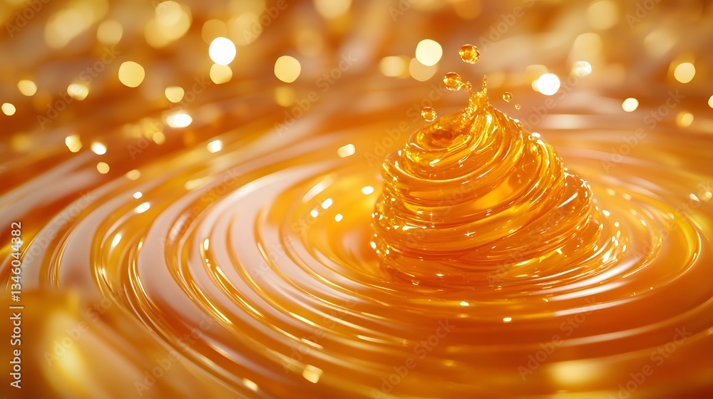 Poster golden honey splash creating concentric ripples and droplets