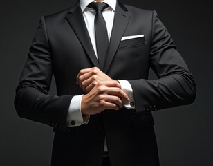 Confident professional man adjusting sleeves of elegant tailored suit jacket, showcasing style, sophistication, and attention to detail in a formal business attire setting
