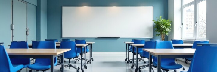 Modern classroom, NYC view, blue chairs, whiteboard, corporate, light, learning
