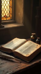 Open Bible with Quill on Wooden Table