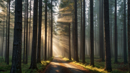 Fototapeta premium Sunbeams pierce through towering trees illuminating a winding road through a serene forest landscape