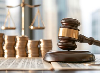 Gavel on Legal Document with Scales Coins Justice Law Finance Concept