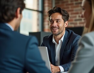 Focused businessman confidently leads team discussion in modern office environment with diverse colleagues engaging in collaborative brainstorming session for successful project outcomes
