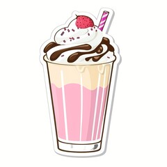 Strawberry Milkshake: A vibrant illustration of a refreshing strawberry milkshake, complete with whipped cream, chocolate syrup, and a straw. This appetizing image evokes sweetness and refreshment.