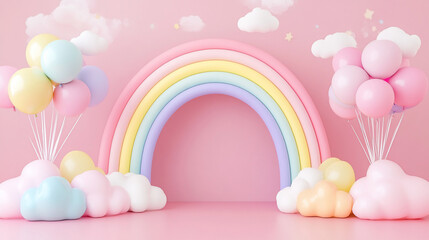 Pastel rainbow arch with balloons and clouds on pink background.