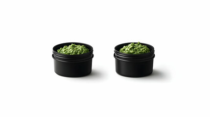 Two Small Jars Filled With Green Sauce On White Background