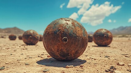 Rusty spheres in a desert landscape