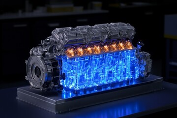 A high-performance V8 engine with chrome-plated parts, displayed under bright workshop lighting