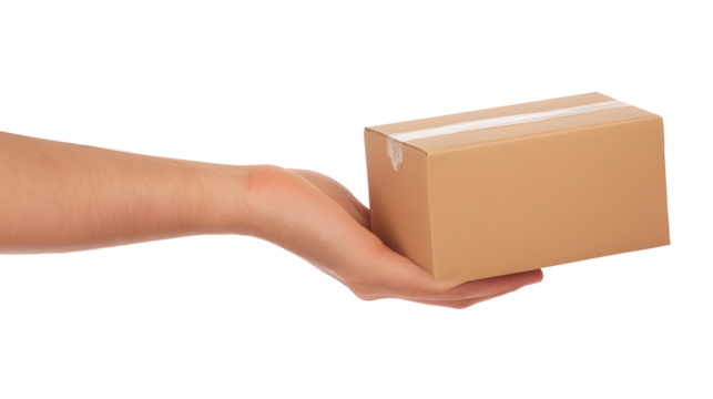 Close Up Photo of Hand Presenting Small Brown Cardboard Box Isolated on Transparent Background Expressing Delivery and Logistics Service