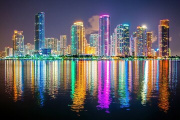 Fototapeta premium Urban Exploration: Cityscape at night with vibrant lights, reflecting the energetic and dynamic city lifestyle.