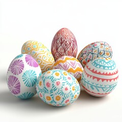 Fototapeta premium Colorful Decorative Easter Eggs in Various Patterns Displayed Together on a Bright Surface for Festive Celebrations and Spring Activities
