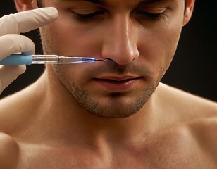 Close-up of a male undergoing a cosmetic treatment with a syringe, showcasing precision and care.