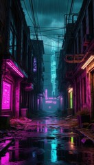 Cyberpunk ruins with holograms and neon pipes under rainy sky (4K). Generated AI