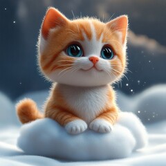 A cute orange and white kitten is sitting on a cloud of snow