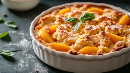 Mouthwatering Peach Cobbler Dessert in Rustic Ceramic Baking Dish with Fresh Mint Garnish