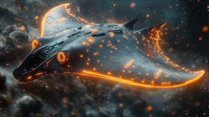 Futuristic manta ray-shaped spacecraft gliding through a stormy cosmic landscape at dusk