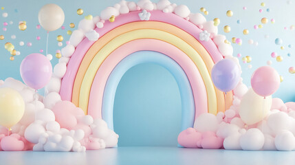 Pastel rainbow arch with balloons and clouds.