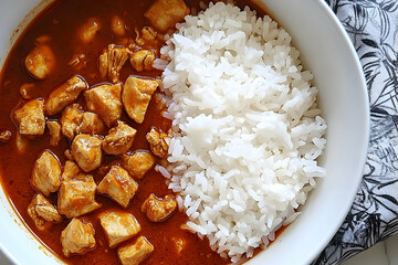 Delicious chicken curry with rice in a white bowl, traditional food